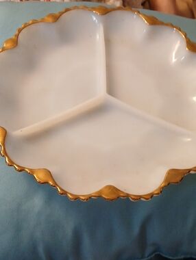 Fire King Milk Glass 3 Section Relish Serving Dish Gold Trim Scalloped 10"